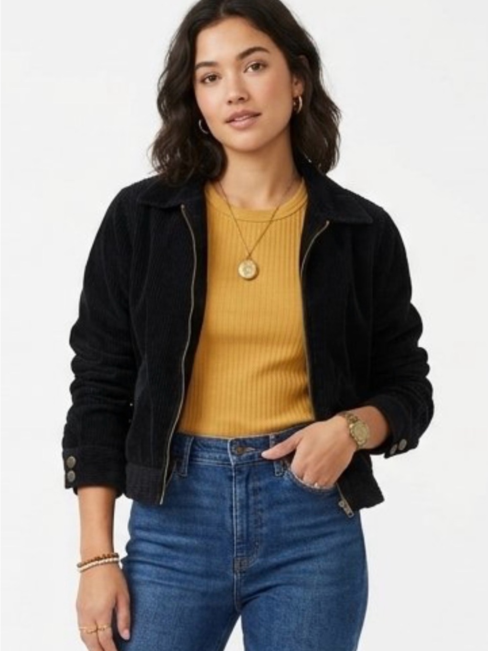 1990s Vintage Black Corduroy Cropped Bomber Zip Front Jacket
